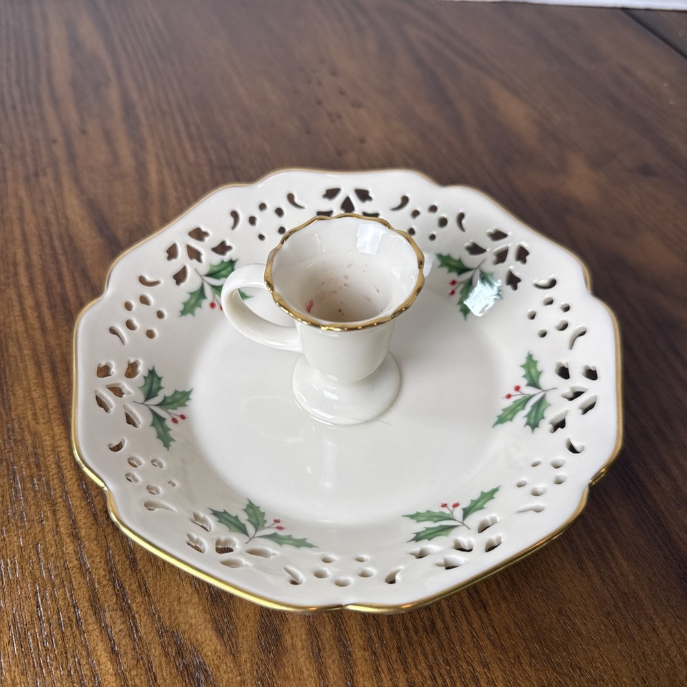 Lenox Holiday Pierced Chamberstick Candle Holder Gold Trim Holly Berry USA Made